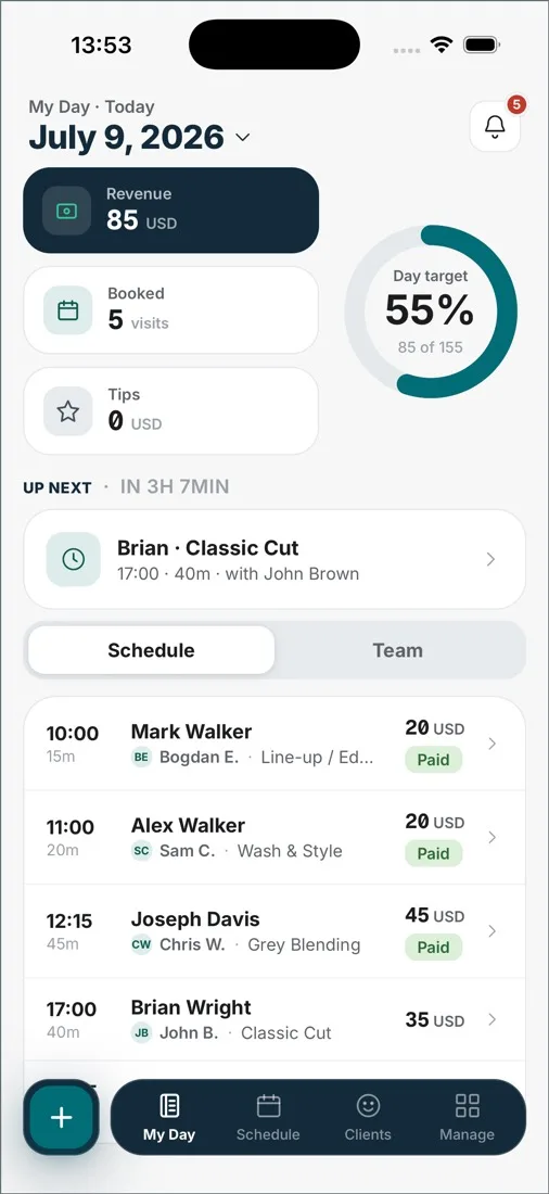 The DaySync app, My Day screen: revenue, day target at 55%, the day's schedule
